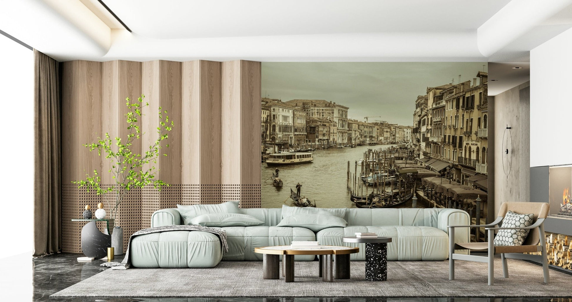 Sepia toned boats and structures on the Historic Grand Canal wall mural..