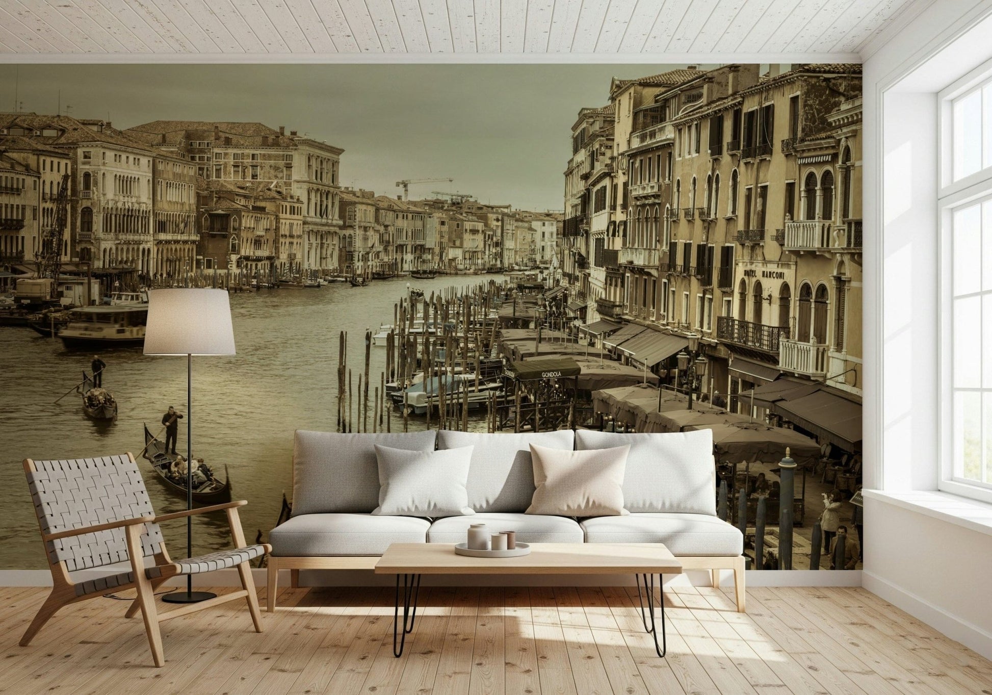 Wide room perspective featuring the Historic Grand Canal buildings and boats mural.