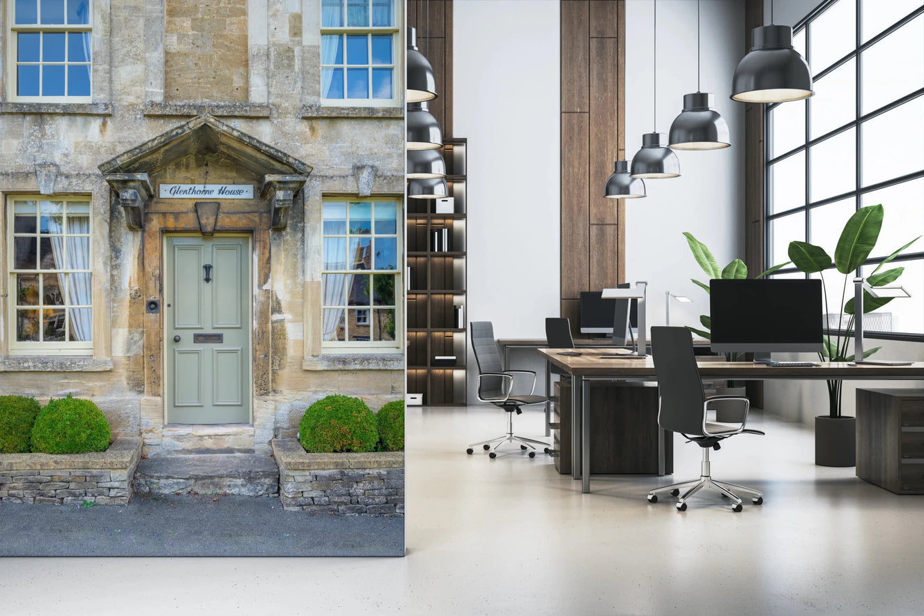 Historic Stone Home Wall Mural adds a classic facade feel to this office space