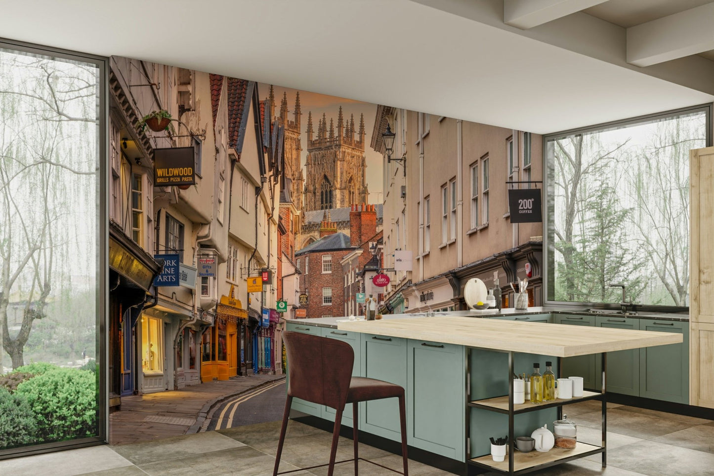 Evening town wall mural with glowing windows and rooftops.

