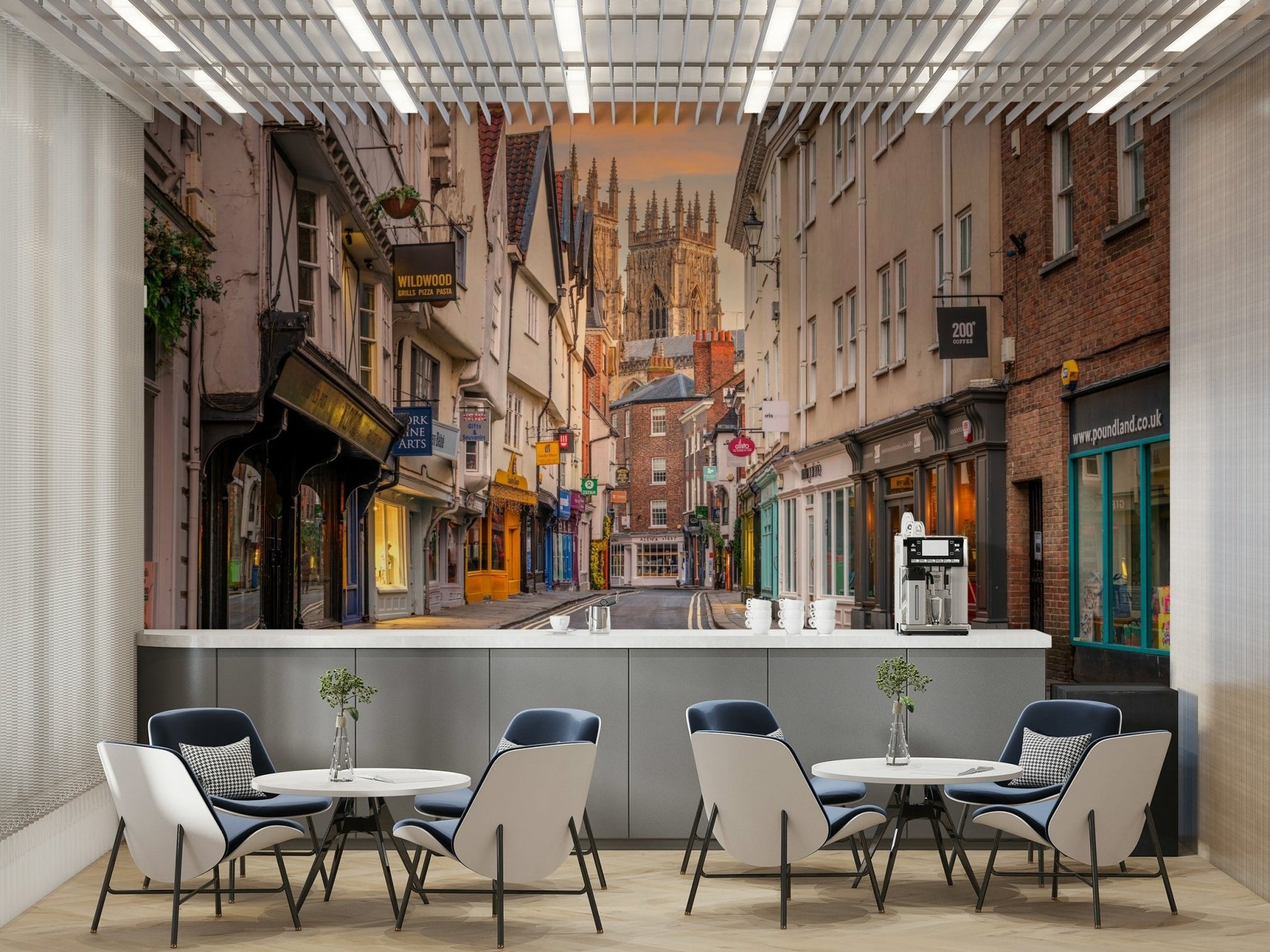 Mural showing a glowing twilight over a vintage town.

