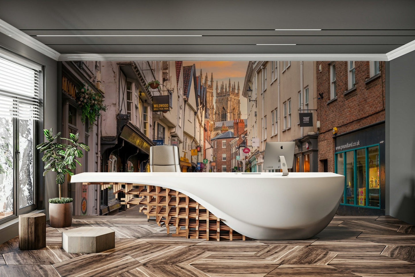 Scenic twilight mural with historic rooftops and lanterns.

