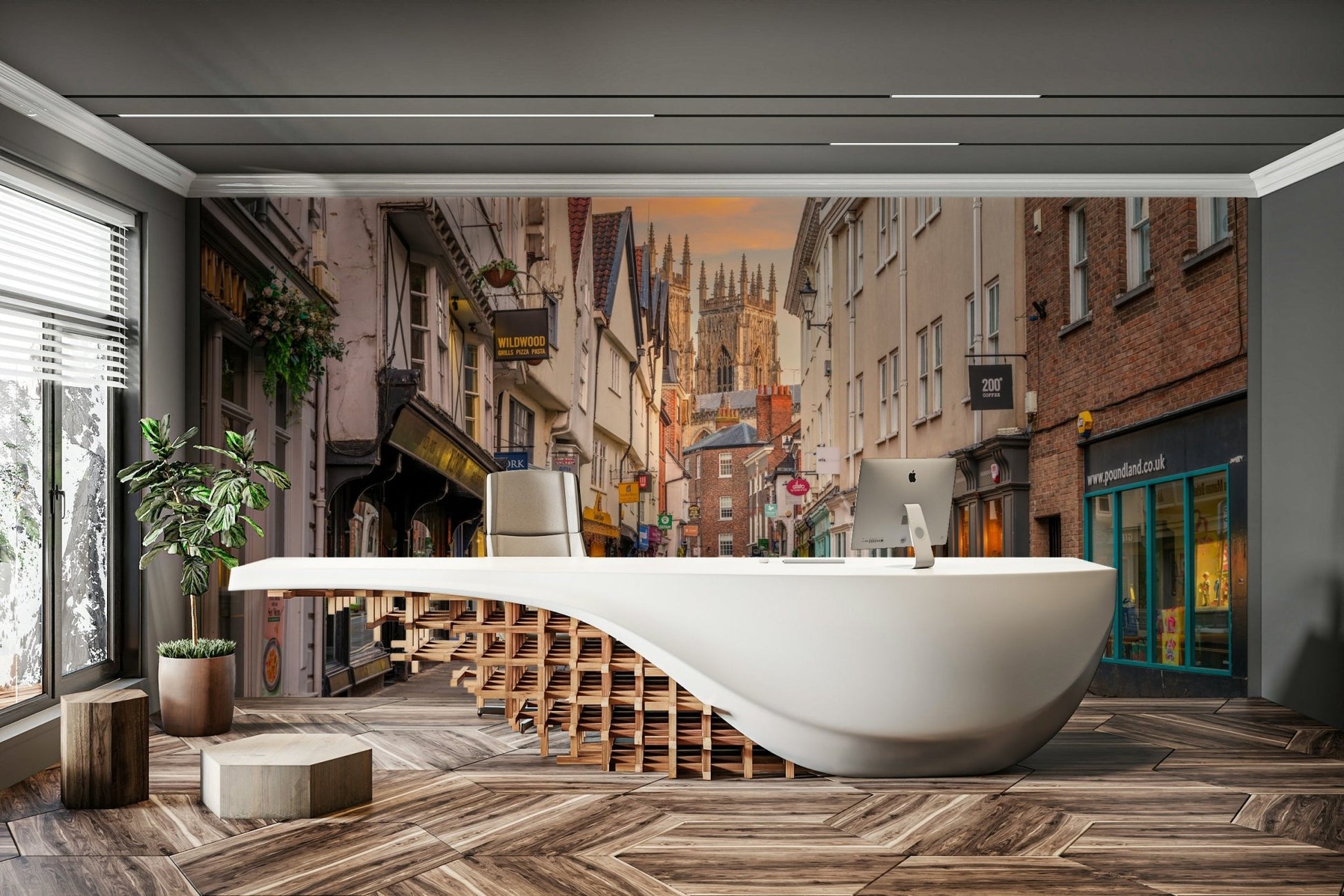 Scenic twilight mural with historic rooftops and lanterns.

