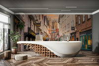 Scenic twilight mural with historic rooftops and lanterns.

