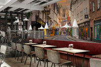 Peaceful dusk townscape mural with classical buildings.

