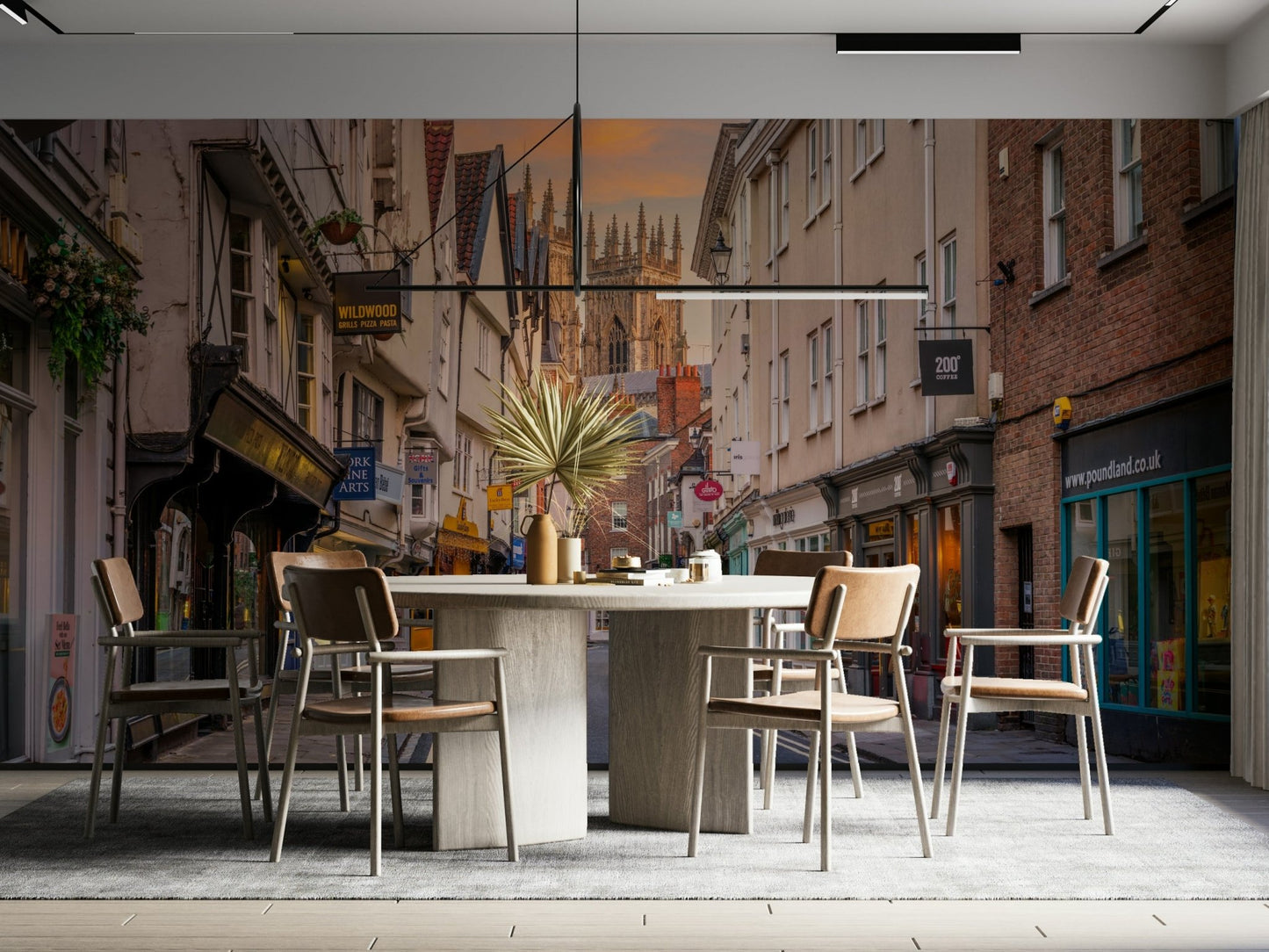 Timeless mural of cobbled streets and warm skies.

