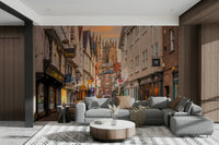 Romantic townscape mural with twilight sky.

