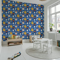 Holiday Cheer Doodle wallpaper mural with Santa and blue background., GD6559