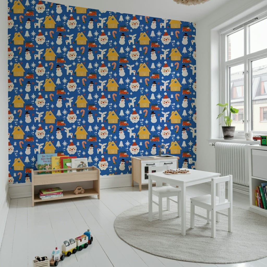 Holiday Cheer Doodle wallpaper mural with Santa and blue background., GD6559