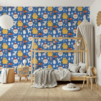 Blue  Cheer Doodle wallpaper for walls covered in cartoon reindeer and snowflakes., GD6559