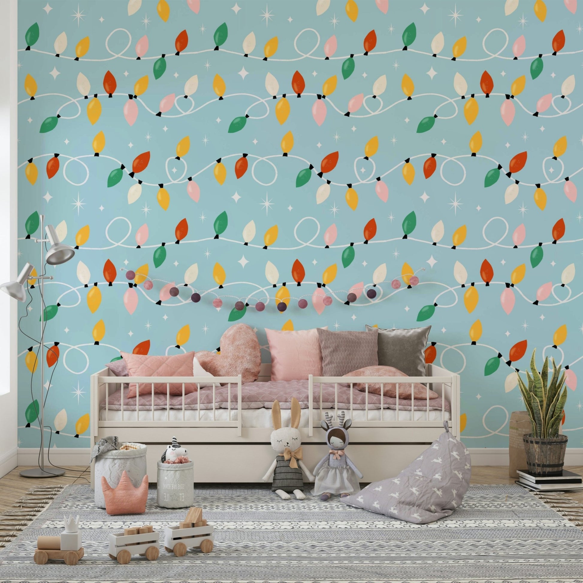 Holiday Lights Delight string lights pattern on a pale blue background.