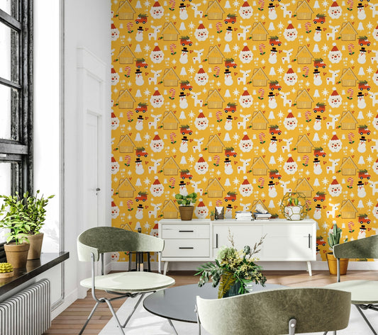 Snowman faces and gingerbread houses in the Holiday Whimsy Wallpaper print.