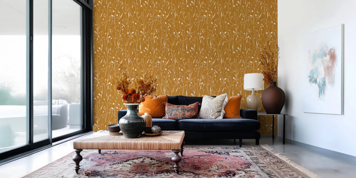 Window-side lounge framed by Homeland Floral Golden Wallpaper and warm accents