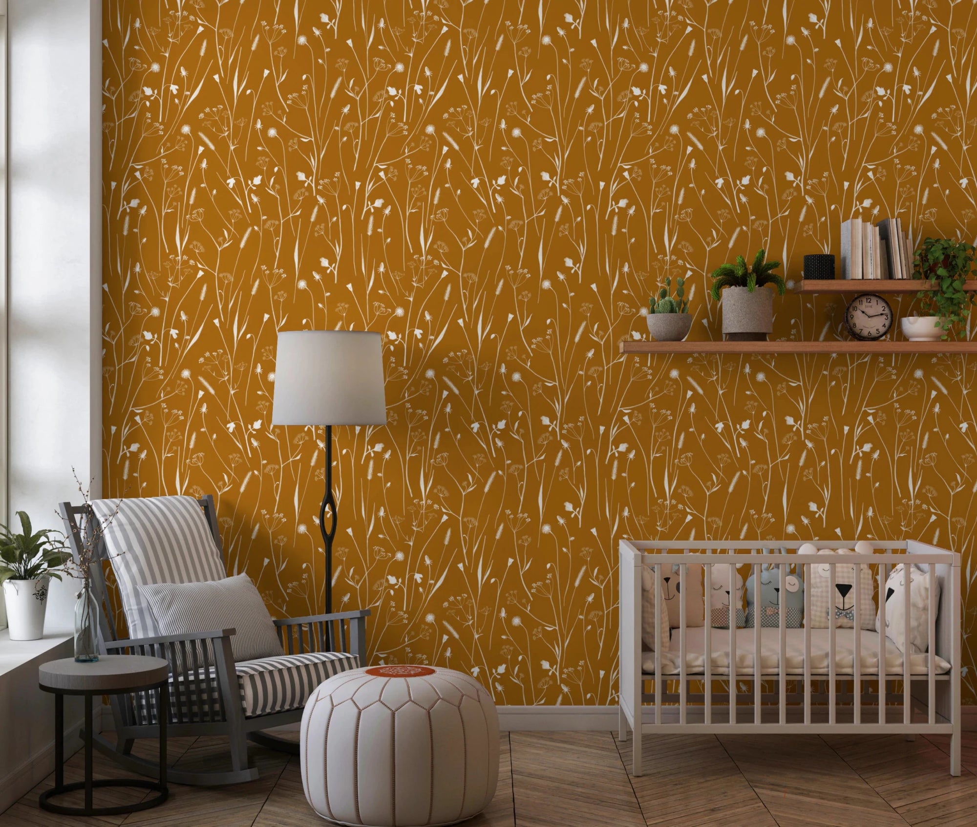 Nursery corner styled with Homeland Floral Golden Wallpaper and crib, GD8682