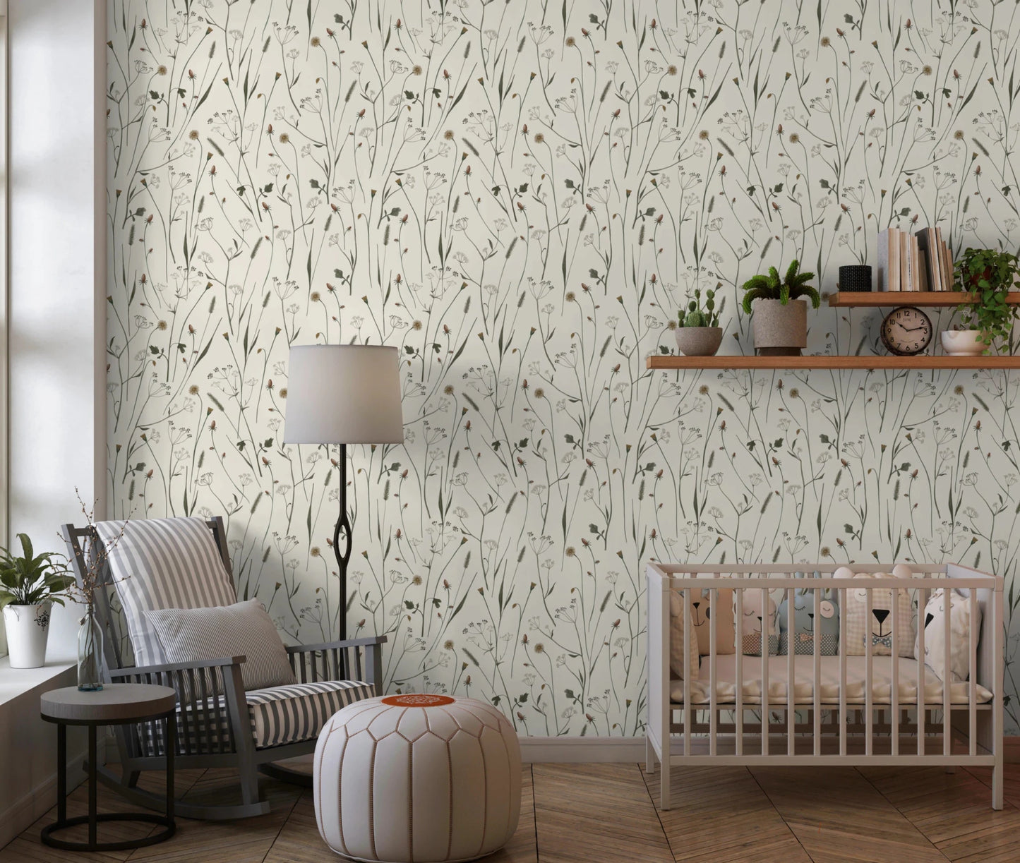 Homeland Floral Muted Wallpaper adds a quiet botanical touch to this nursery corner