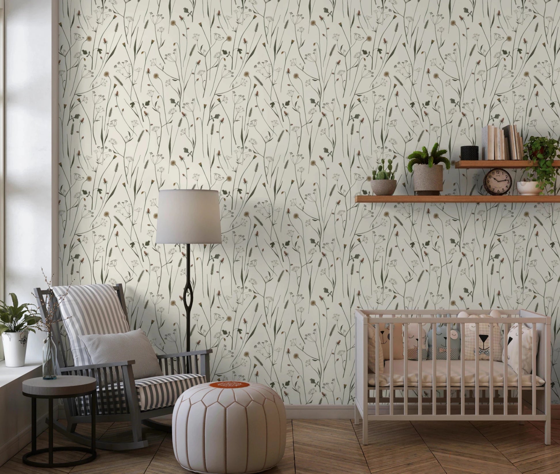 Homeland Floral Muted Wallpaper adds a quiet botanical touch to this nursery corner