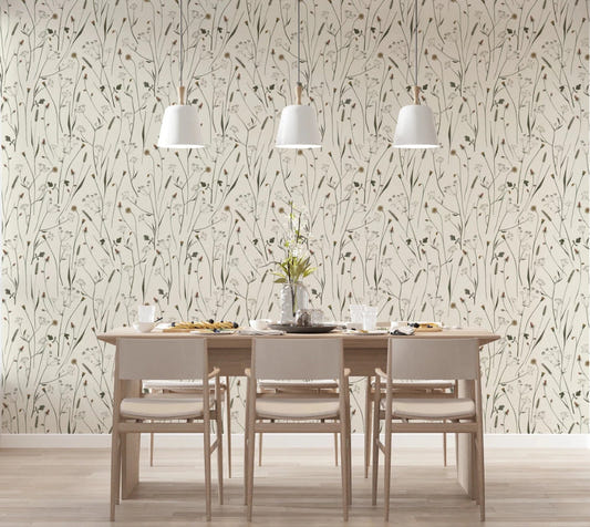 Soft pendant lighting pairs beautifully with Homeland Floral Muted Wallpaper in this dining room