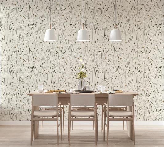 Soft pendant lighting pairs beautifully with Homeland Floral Muted Wallpaper in this dining room