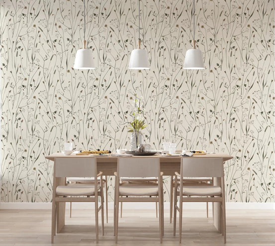 Soft pendant lighting pairs beautifully with Homeland Floral Muted Wallpaper in this dining room, GD8680