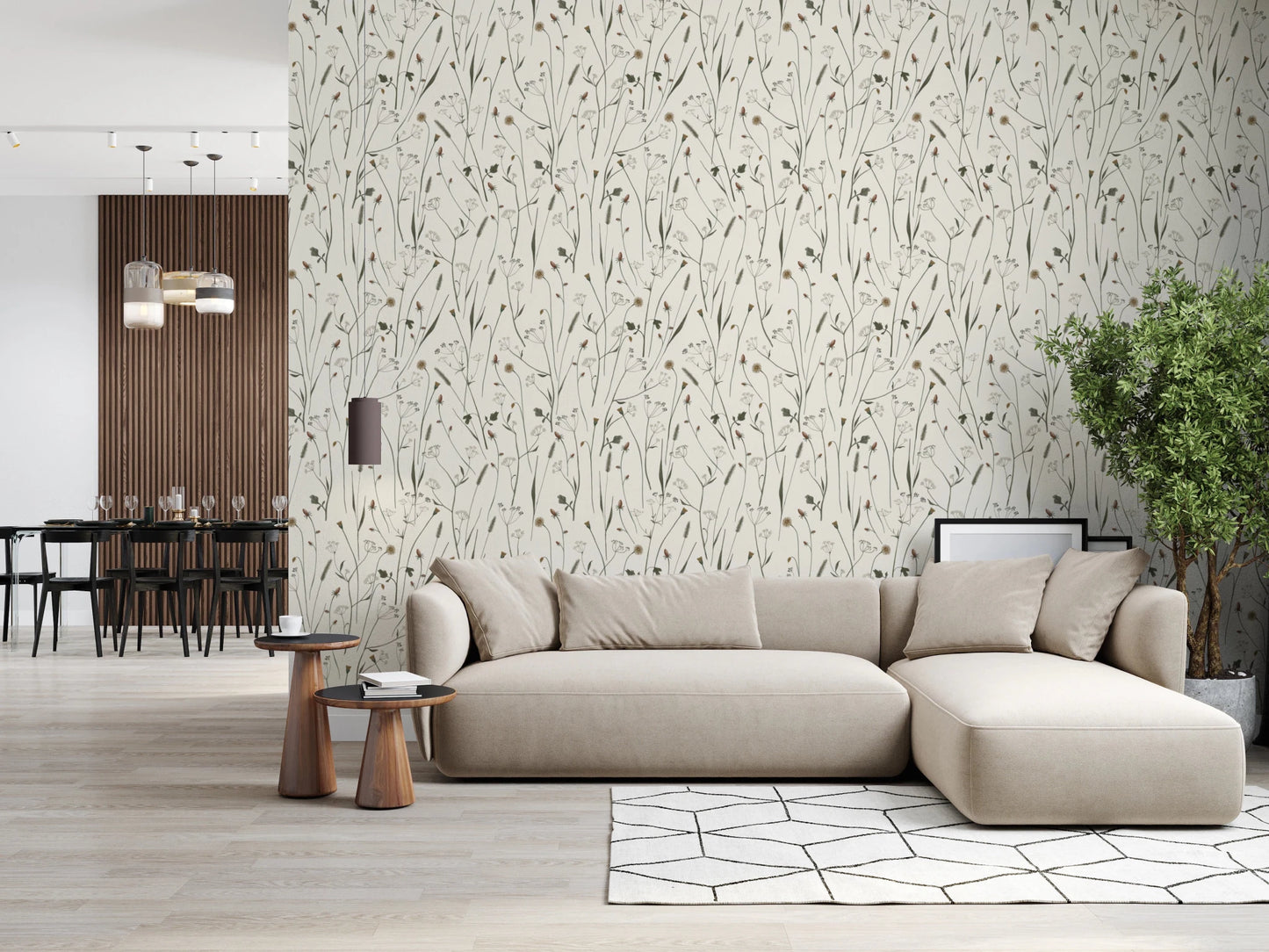 Calm seating and pale finishes work well beside Homeland Floral Muted Wallpaper in this corner