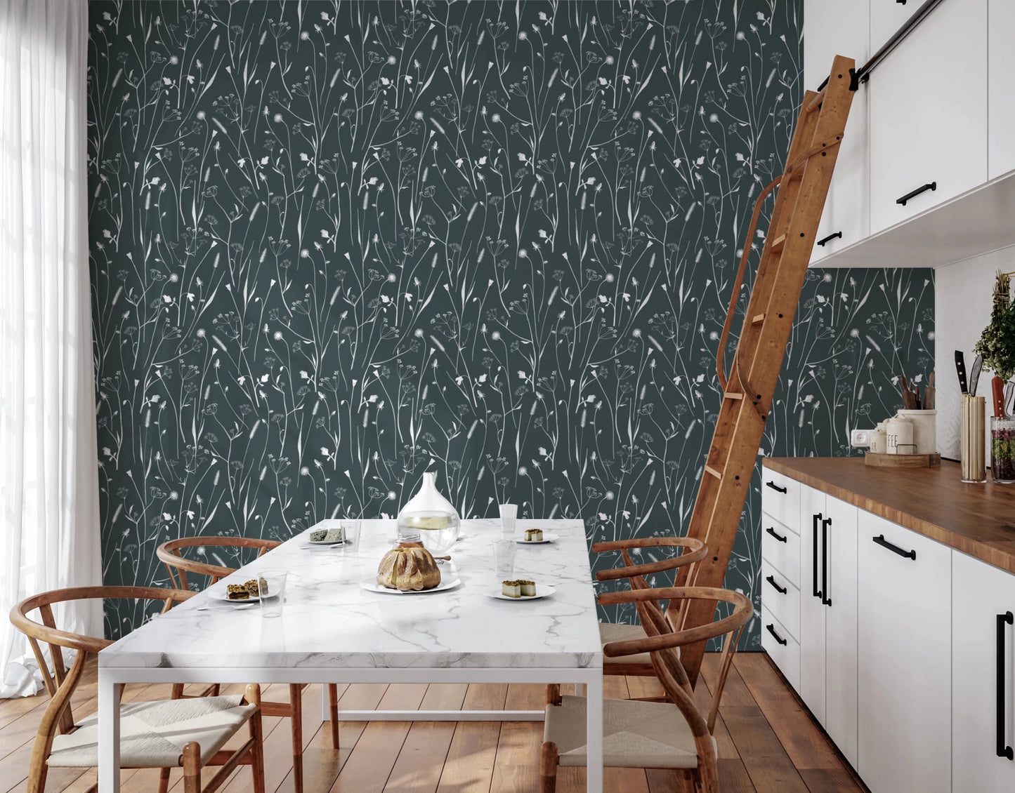 Kitchen finished in Homeland Floral Outer Space Wallpaper detail