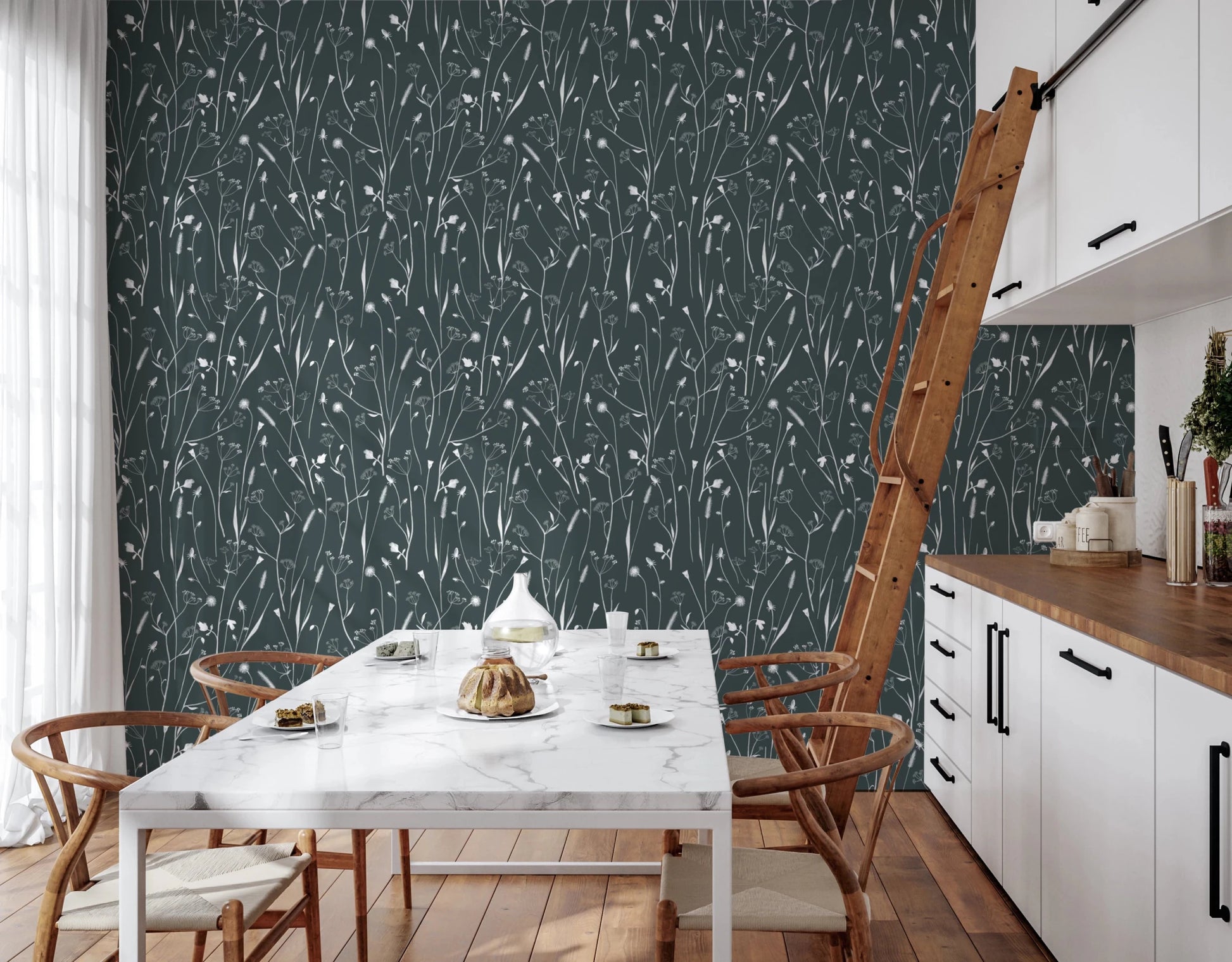 Kitchen finished in Homeland Floral Outer Space Wallpaper detail