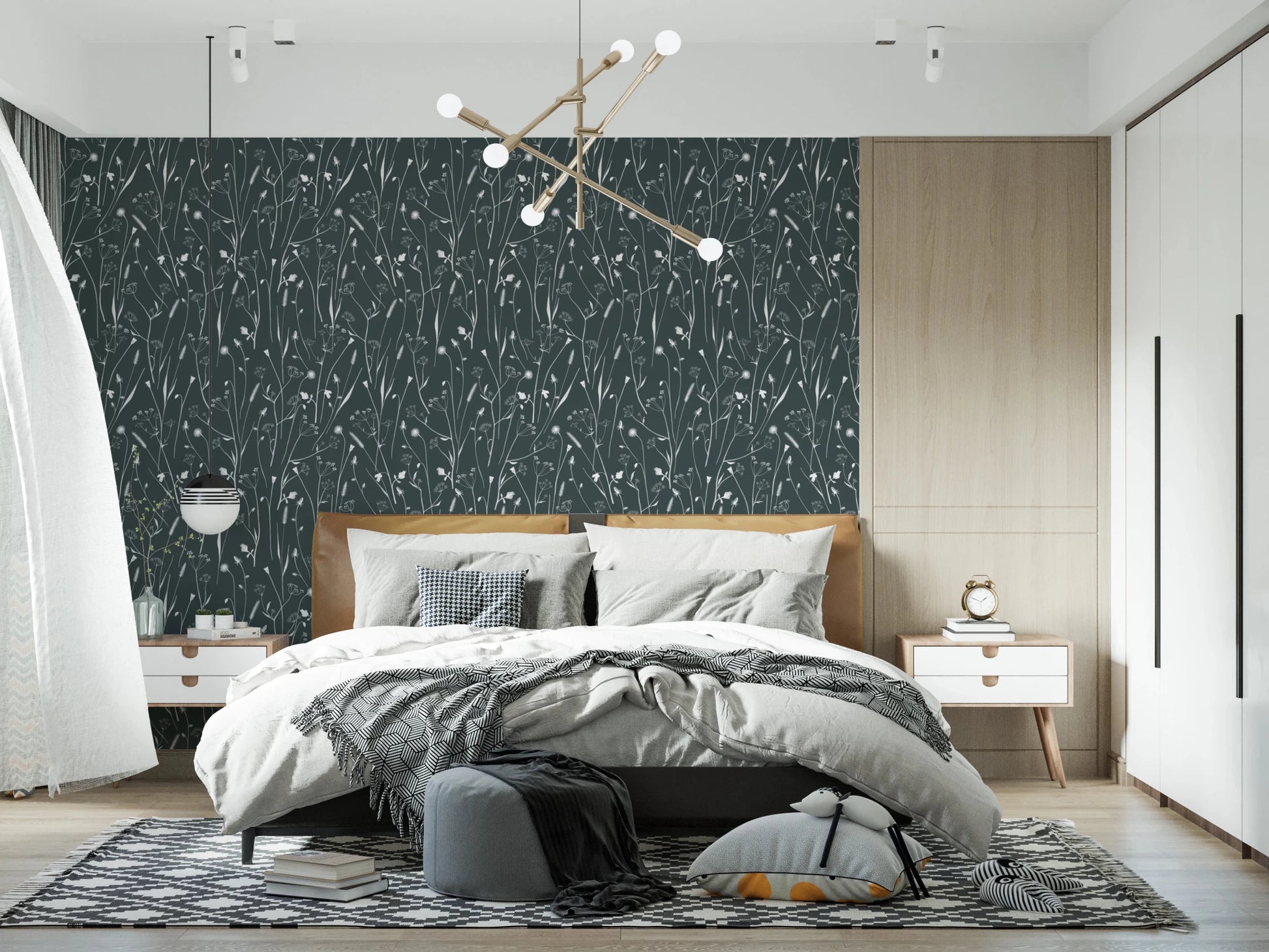 Bedroom updated with Homeland Floral Outer Space Wallpaper and calm bedding