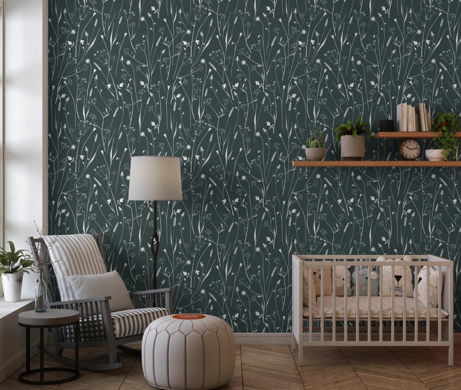 Nursery corner framed by Homeland Floral Outer Space Wallpaper and crib