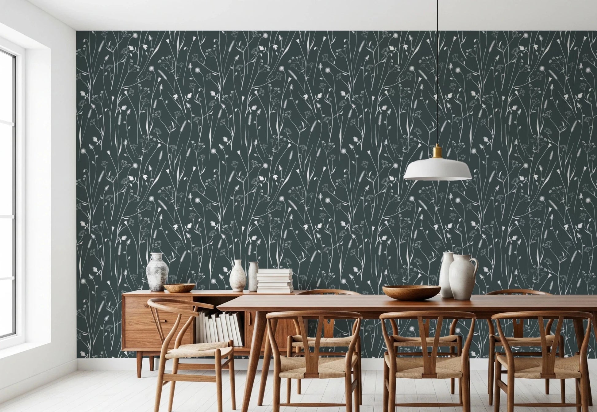 Dining corner finished in Homeland Floral Outer Space Wallpaper and pendant lighting