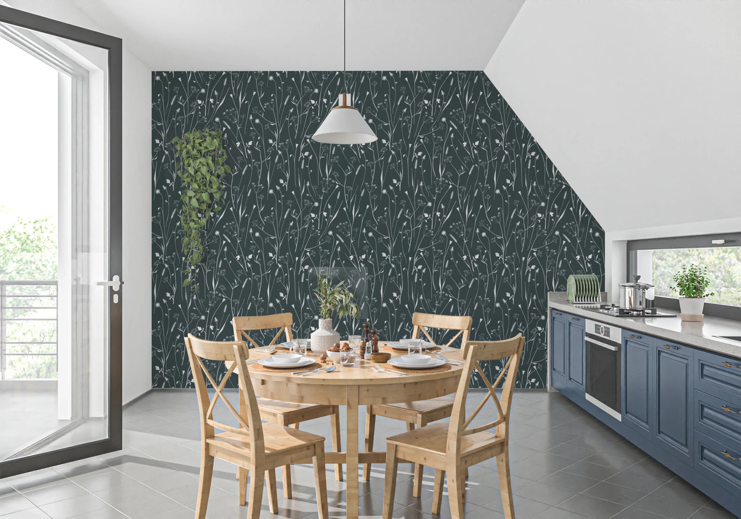 Dining area styled with Homeland Floral Outer Space Wallpaper backdrop