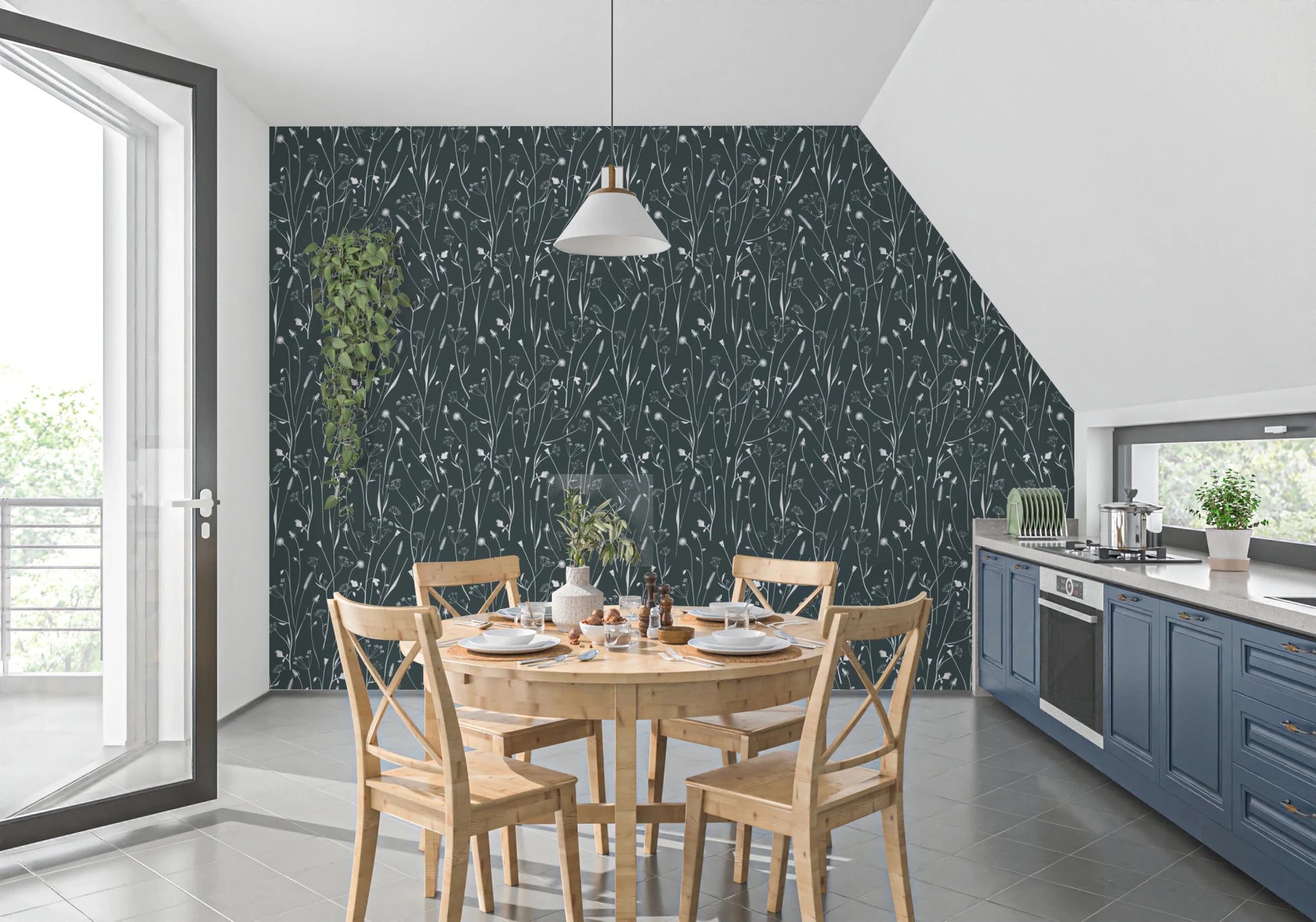Dining area styled with Homeland Floral Outer Space Wallpaper backdrop