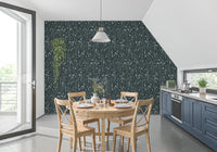 Dining area styled with Homeland Floral Outer Space Wallpaper backdrop