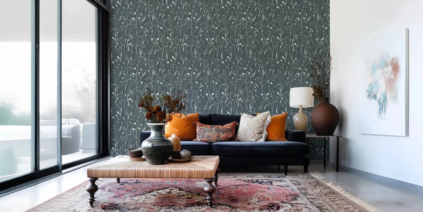 Window-side sitting nook featuring Homeland Floral Outer Space Wallpaper