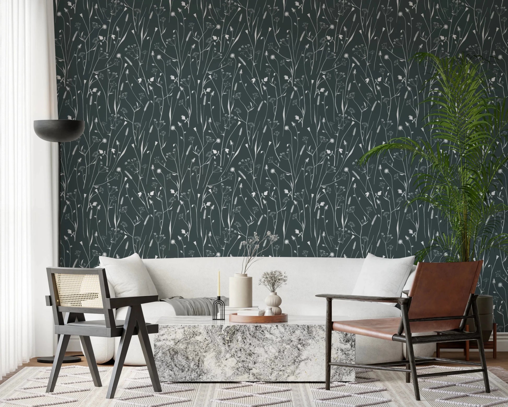 Living area paired with Homeland Floral Outer Space Wallpaper and soft tones