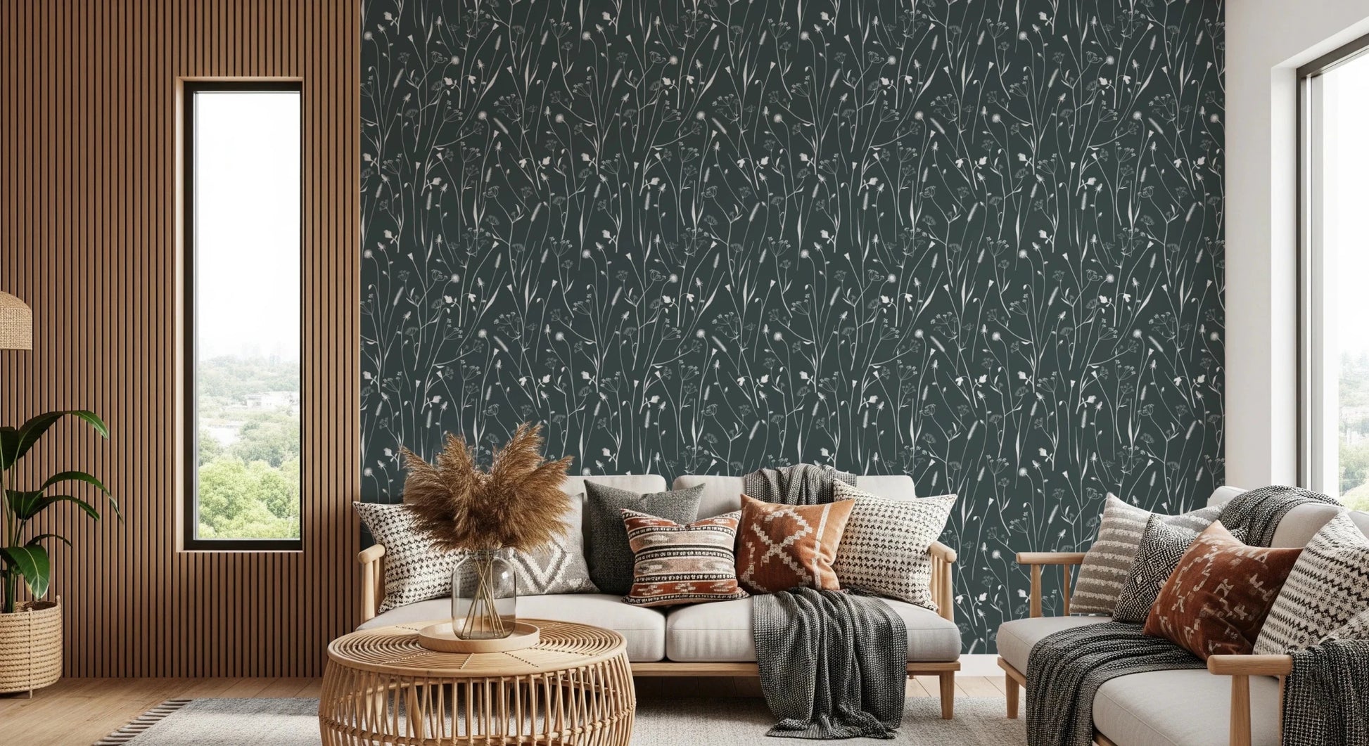 Rustic lounge corner styled with Homeland Floral Outer Space Wallpaper