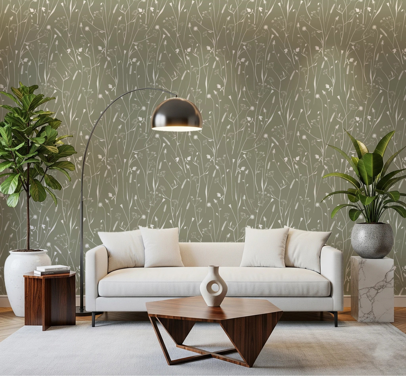 Bright lounge with Homeland Floral Sage Wallpaper and warm wood accents