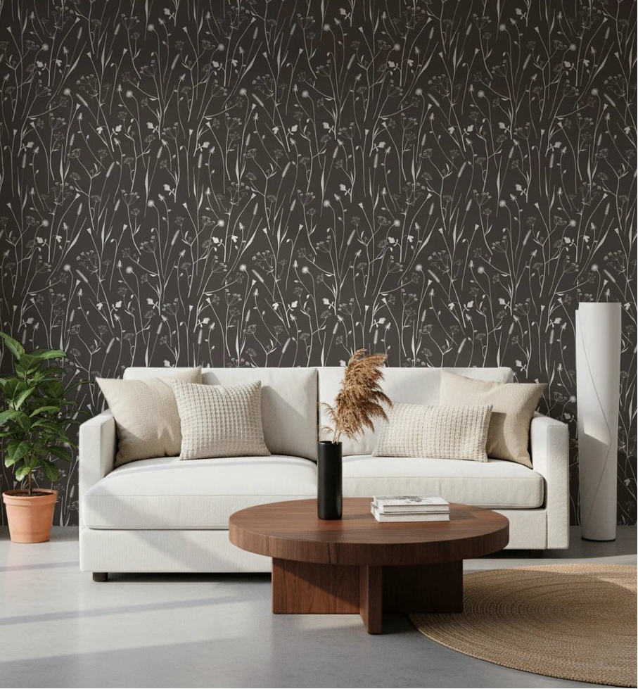 Living room with Homeland Floral Silhouette Wallpaper and elegant grey textures