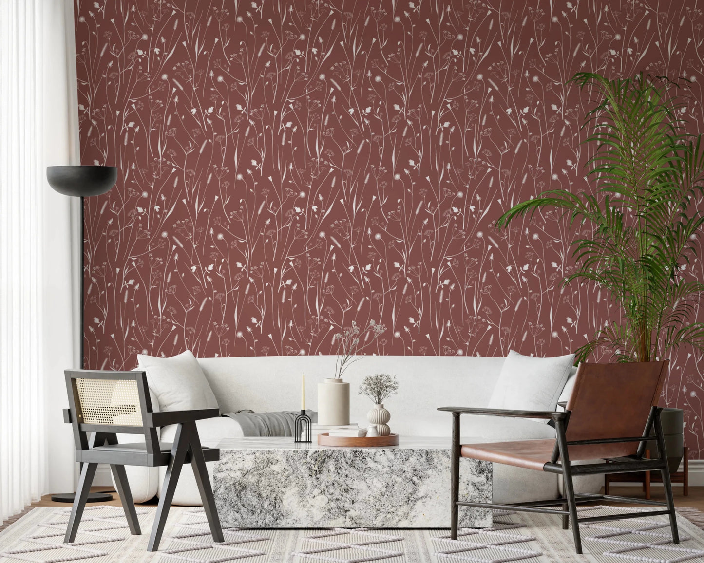 Living roon with Homeland Floral Terracotta Wallpaper and a clean modern look