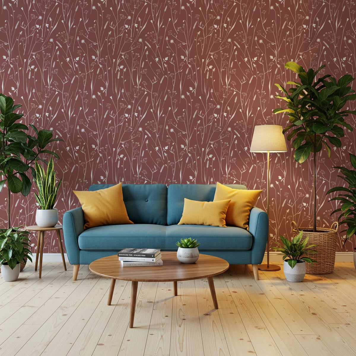Living room with Homeland Floral Terracotta Wallpaper behind a blue sofa, GD8685
