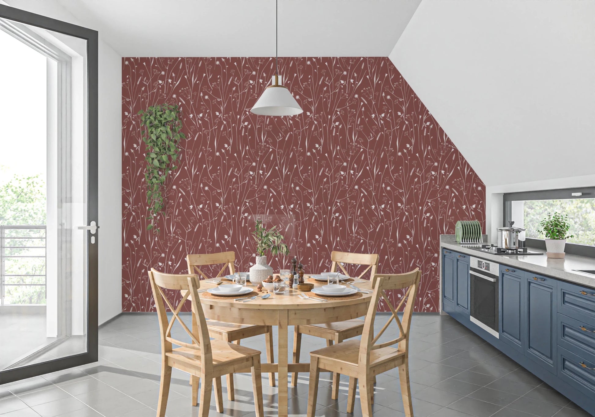Kitchen dining space with Homeland Floral Terracotta Wallpaper feature wall