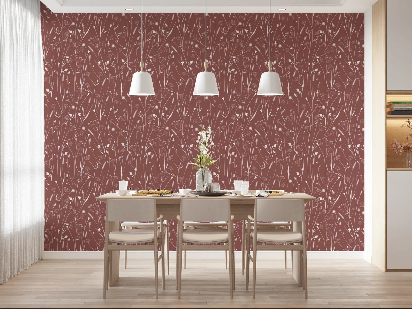 Dining area with Homeland Floral Terracotta Wallpaper and pendant lighting