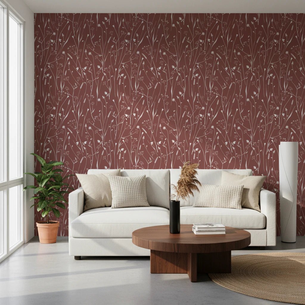 Cozy lounge with Homeland Floral Terracotta Wallpaper and a cream sofa