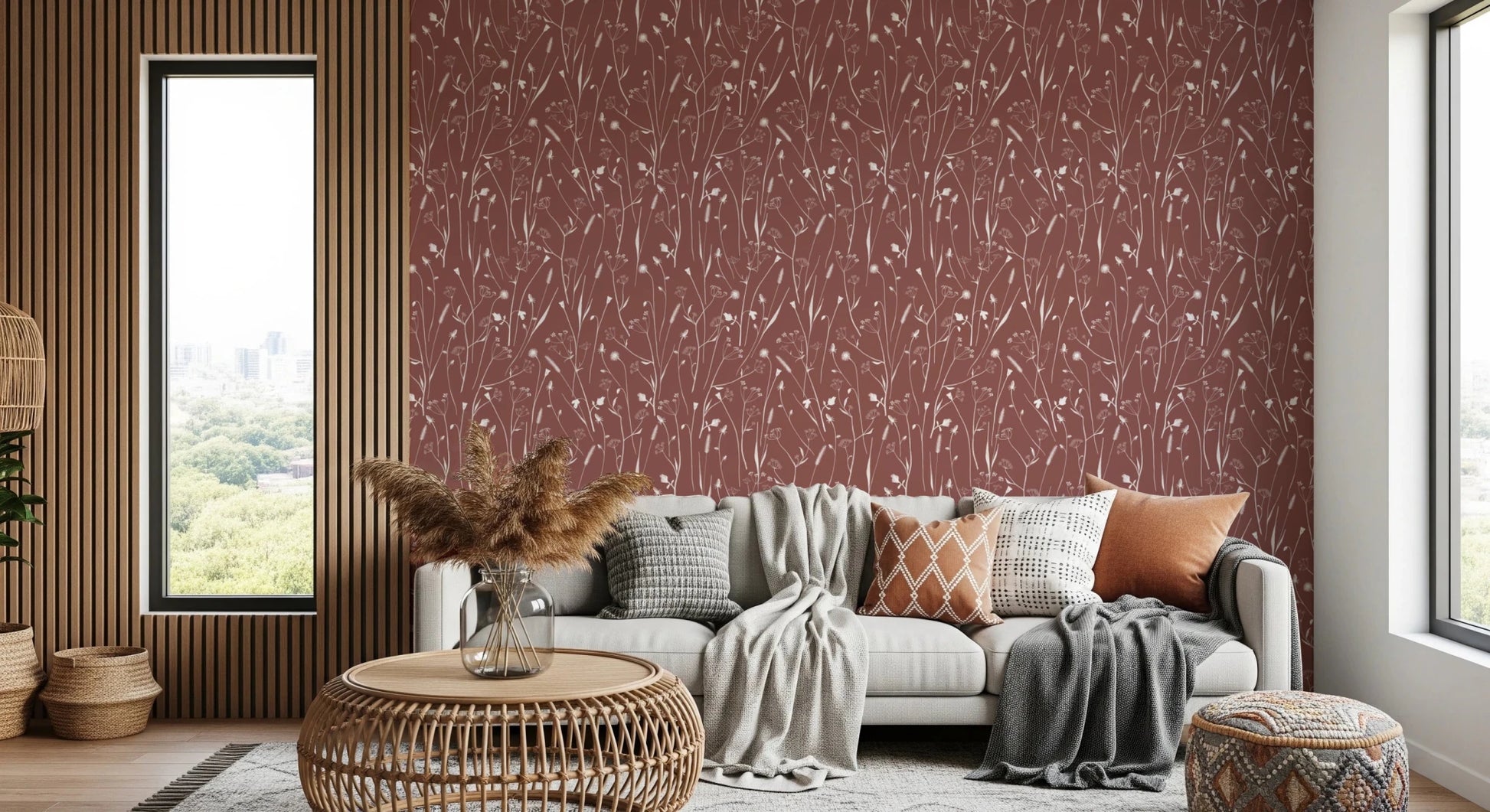 Bedroom styled with Homeland Floral Terracotta Wallpaper and soft neutral decor