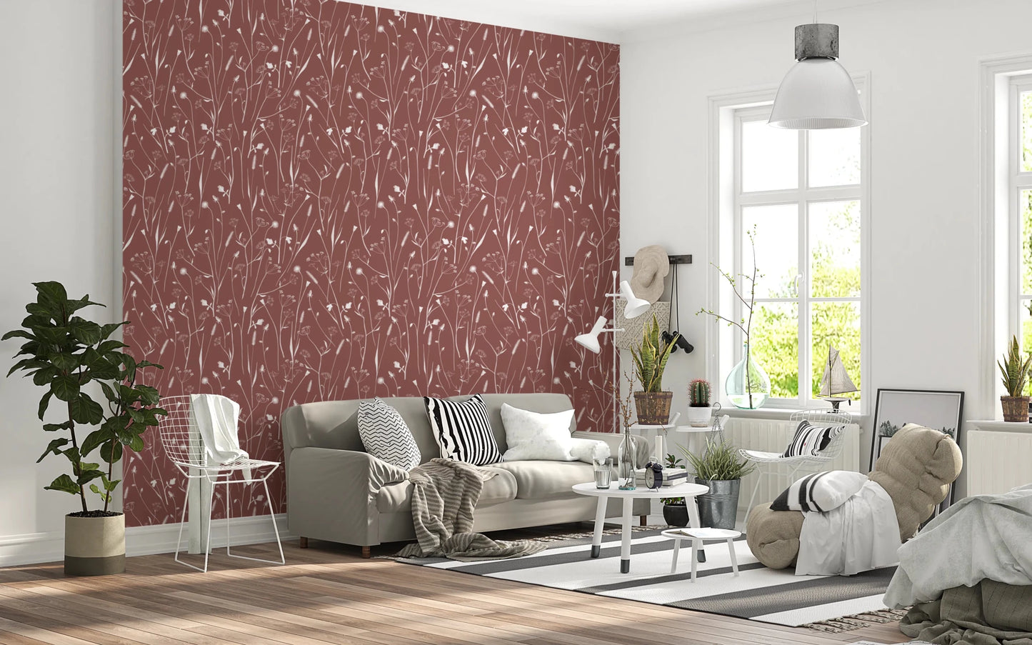Bright living room with Homeland Floral Terracotta Wallpaper and soft seating