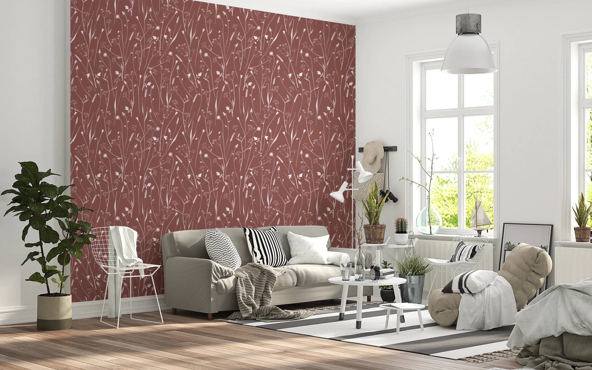 Bright living room with Homeland Floral Terracotta Wallpaper and soft seating