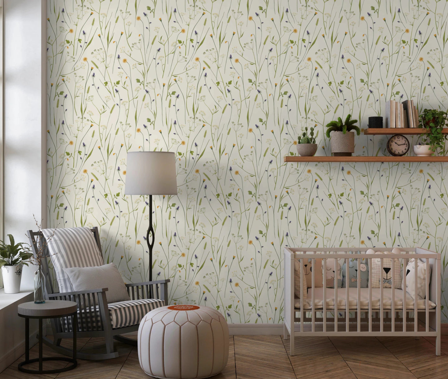 A gentle floral backdrop makes this nursery corner feel warm and easygoing