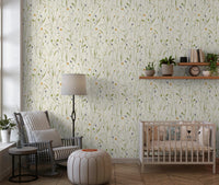 A gentle floral backdrop makes this nursery corner feel warm and easygoing