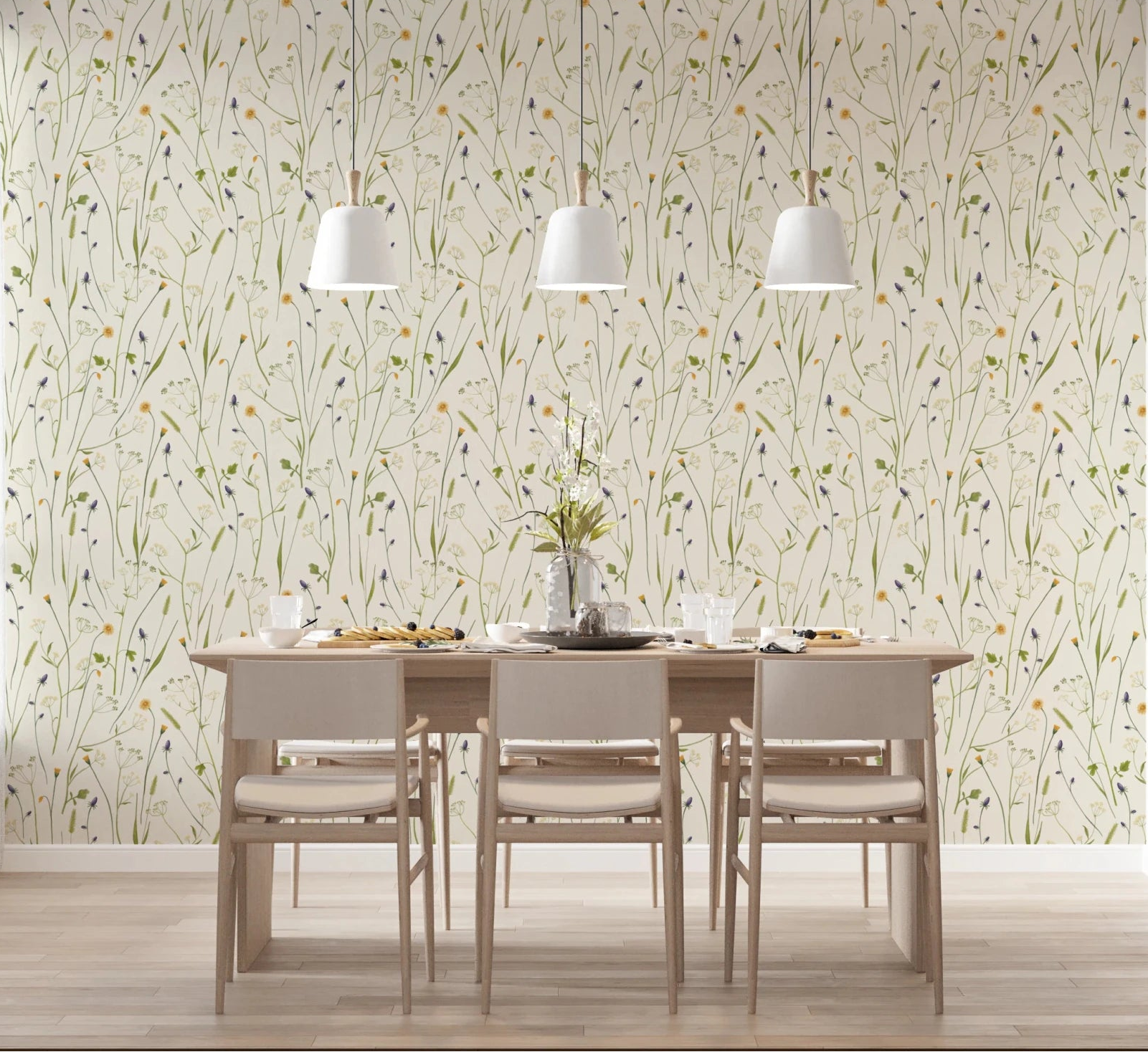 Homeland Floral Wallpaper brings a soft botanical look to this calm dining room