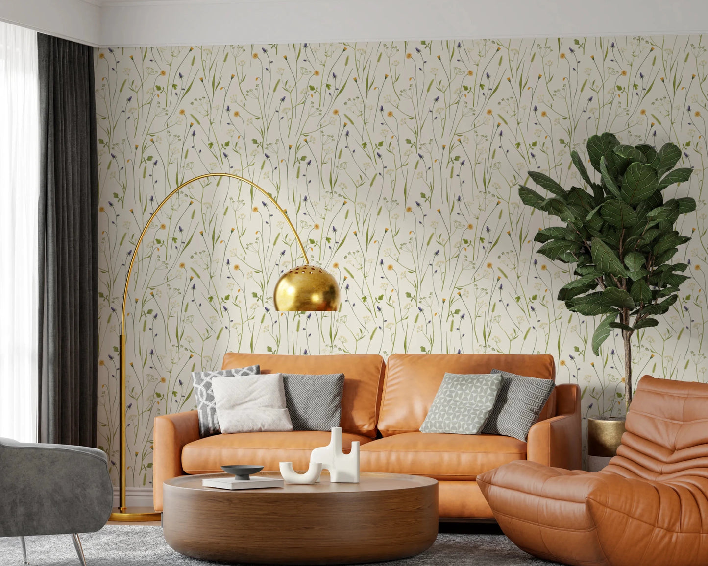 Homeland Floral Wallpaper adds softness behind the sofa in this relaxed sitting space
