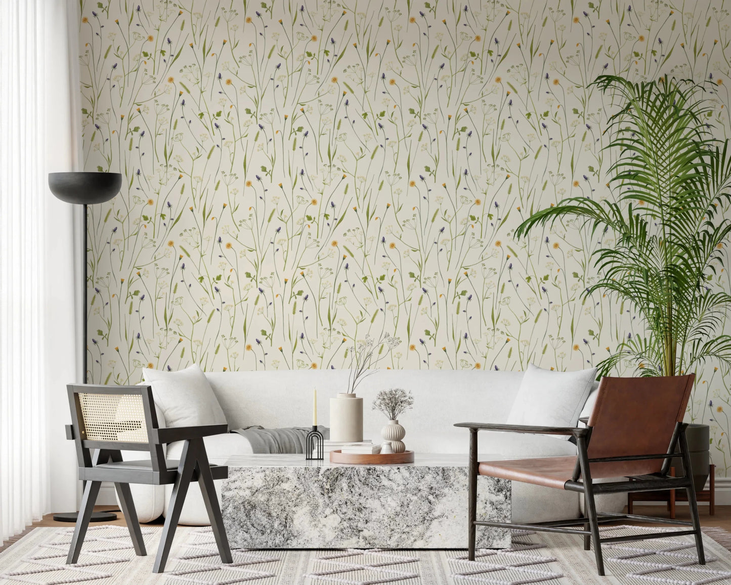 Black pendants contrast nicely with Homeland Floral Wallpaper in this Living area